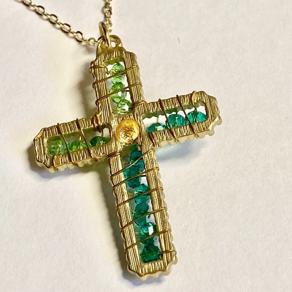Vintage Gold Bead Cross Pendant Necklace Green Hand Beaded Plated 18" Christian - Picture 5 of 10